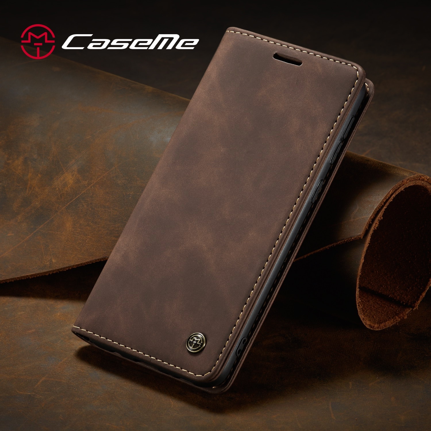 Husa pentru Samsung Galaxy A55, CaseMe, slim piele, tip portofel, stand, inchidere magnetica, textura catifelata, Maro coffee