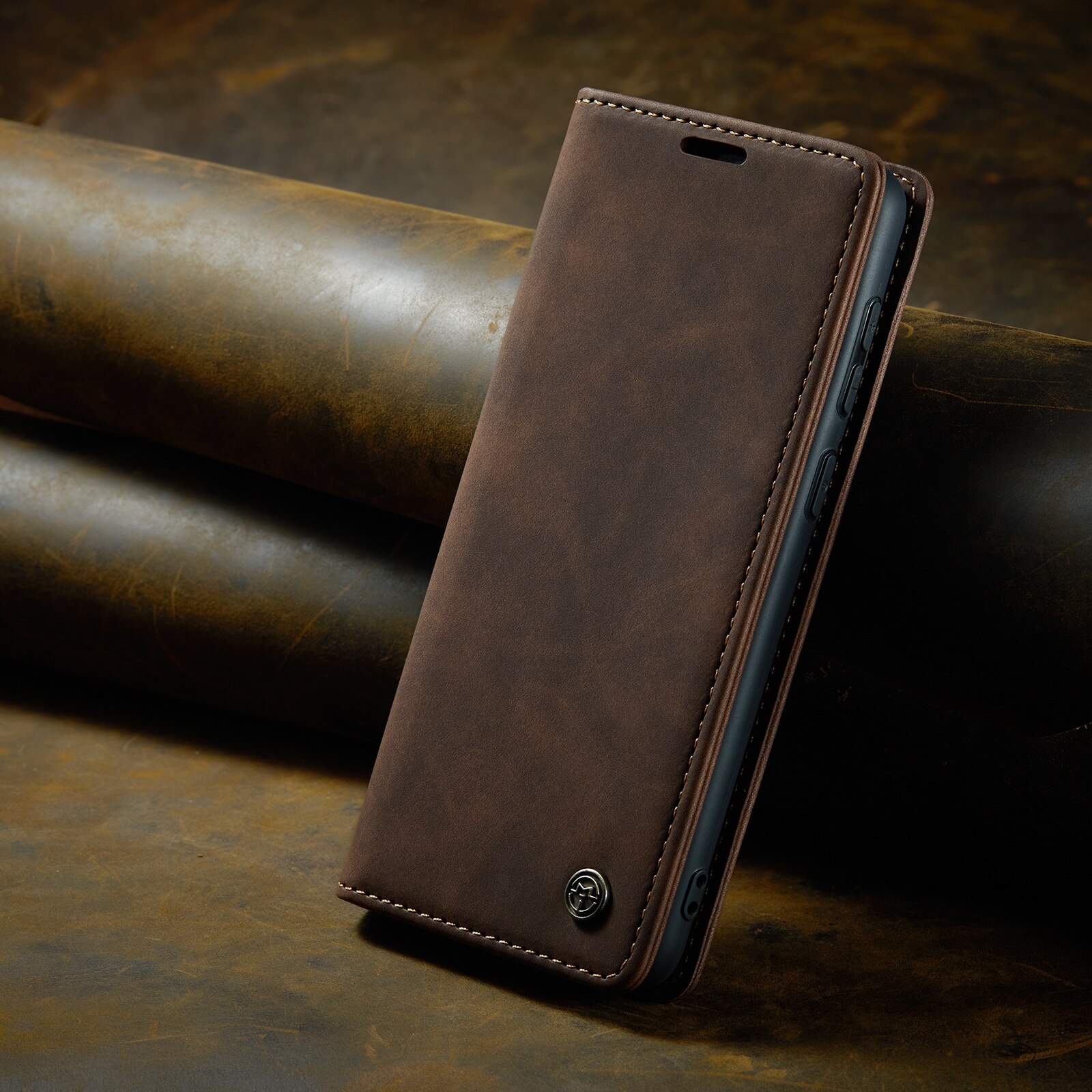 Husa pentru Samsung Galaxy A55, CaseMe, slim piele, tip portofel, stand, inchidere magnetica, textura catifelata, Maro coffee