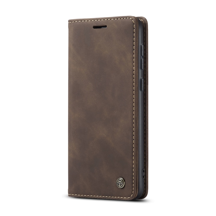 Husa pentru Samsung Galaxy A55, CaseMe, slim piele, tip portofel, stand, inchidere magnetica, textura catifelata, Maro coffee