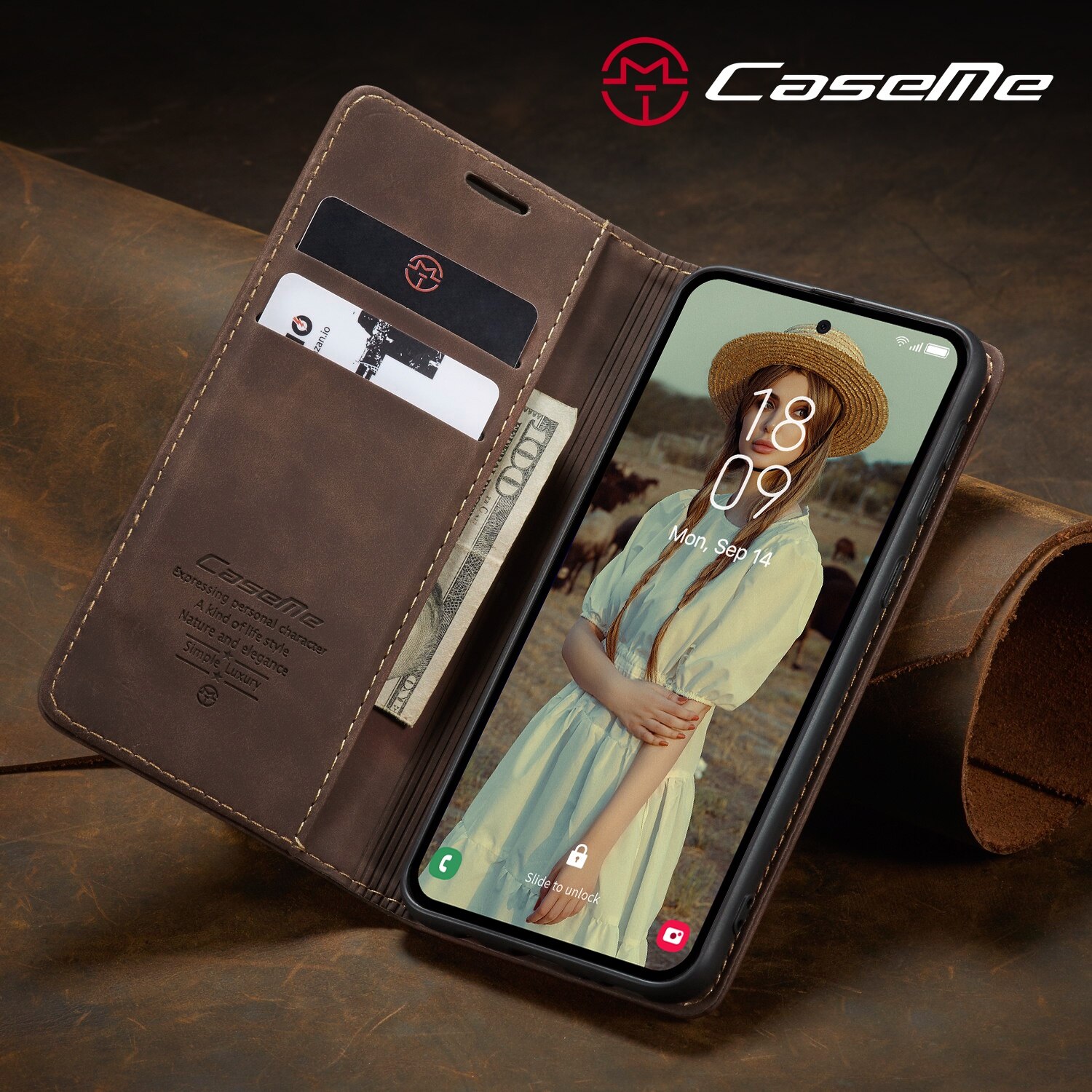 Husa pentru Samsung Galaxy A55, CaseMe, slim piele, tip portofel, stand, inchidere magnetica, textura catifelata, Maro coffee