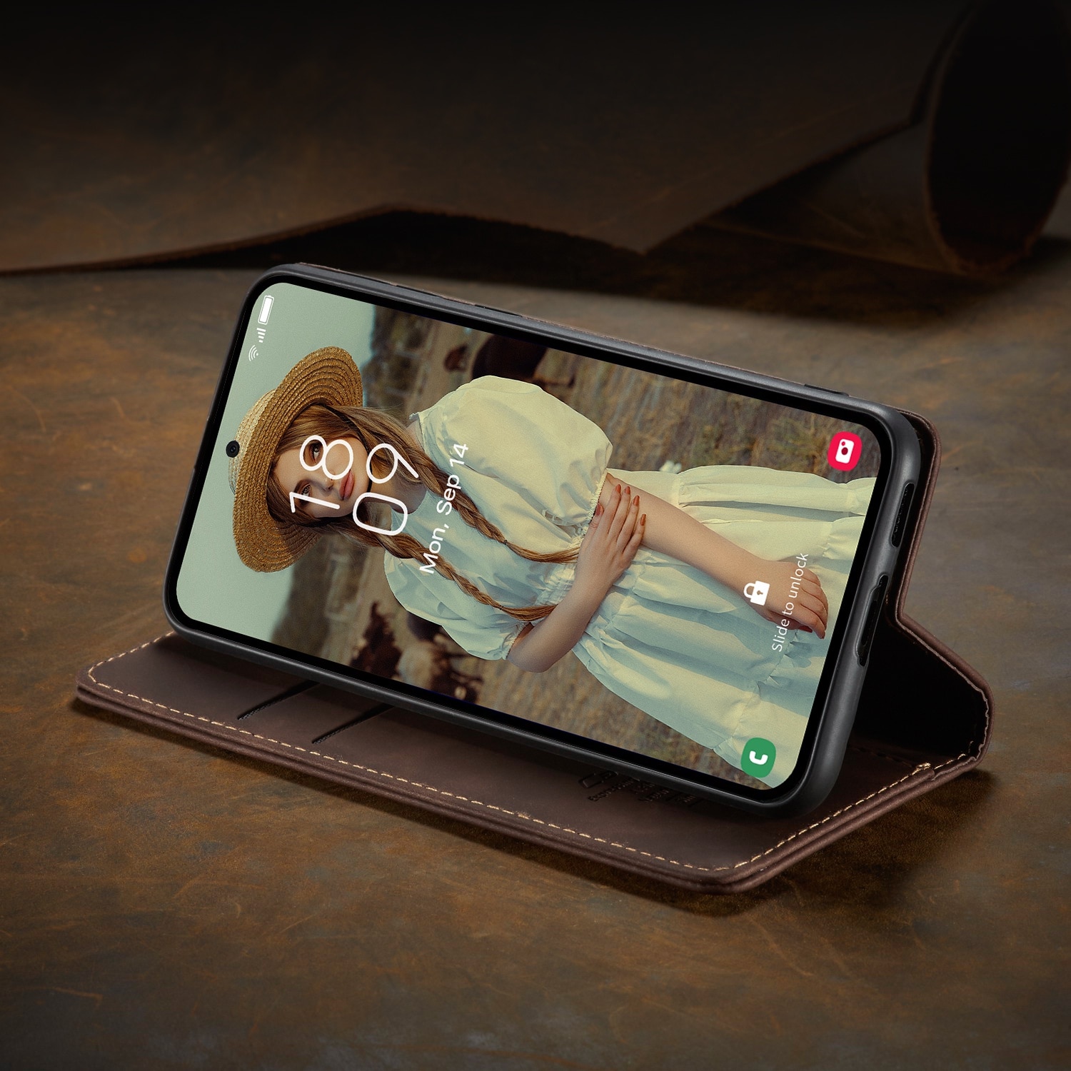 Husa pentru Samsung Galaxy A55, CaseMe, slim piele, tip portofel, stand, inchidere magnetica, textura catifelata, Maro coffee