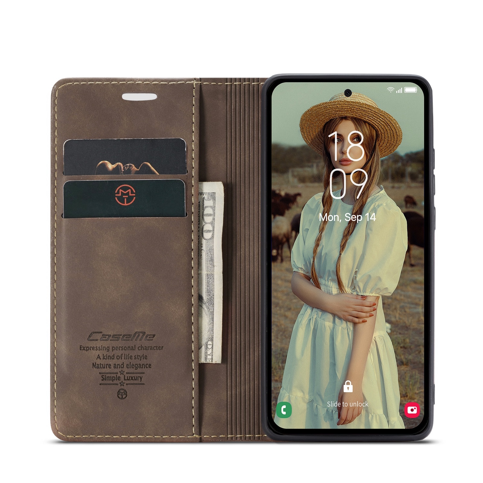 Husa pentru Samsung Galaxy A55, CaseMe, slim piele, tip portofel, stand, inchidere magnetica, textura catifelata, Maro coffee