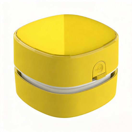 Mini aspirator de birou K0443-emagCJ-13927, fara fir, alimentare 2xAA, cap rotativ 360°, recipient din acril transparent, galben