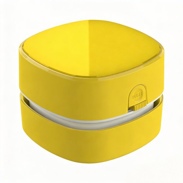 Mini aspirator de birou K0443-emagCJ-13927, fara fir, alimentare 2xAA, cap rotativ 360°, recipient din acril transparent, galben