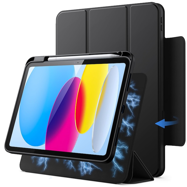 Husa Tableta Pentru iPad 11th/10th Gen, Detasabila Magnetic Cu Suport Pen, Rotire 360 Grade, Negru