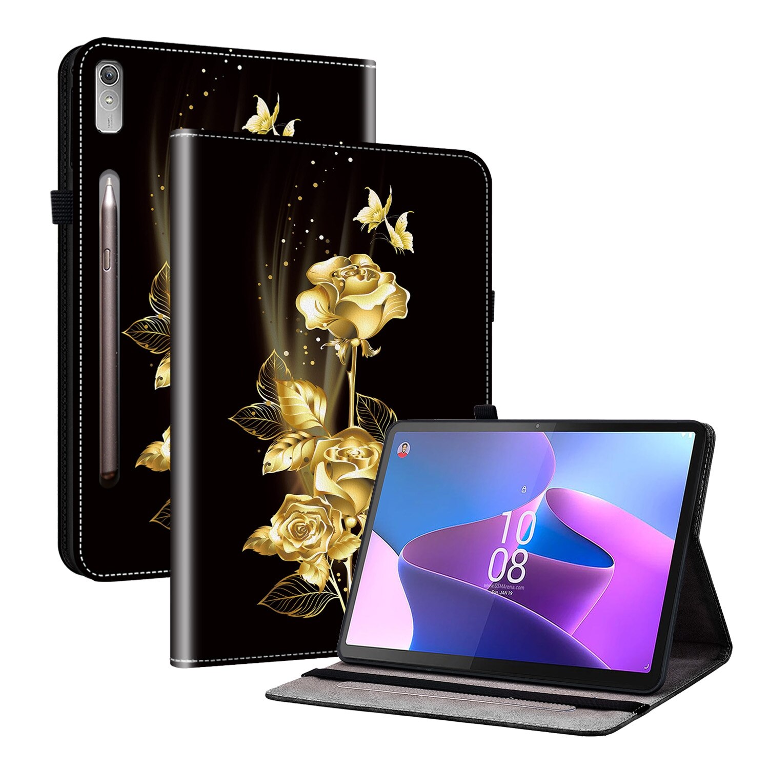 Husa tableta pentru Lenovo Tab P11 Pro Gen 2 11.2, din piele texturata cu un design pictat, model fluture auriu pe roz