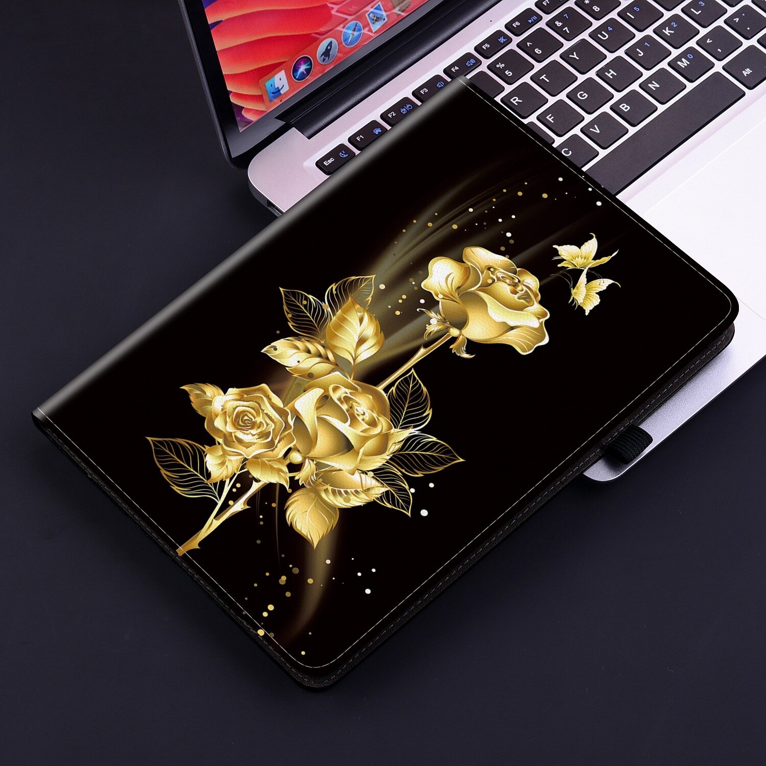 Husa tableta pentru Lenovo Tab P11 Pro Gen 2 11.2, din piele texturata cu un design pictat, model fluture auriu pe roz