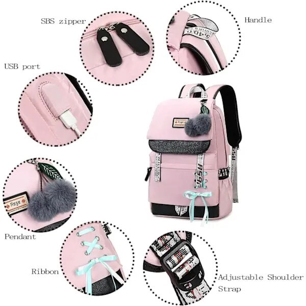 Rucsac scolar pentru fete, impermeabil, roz, 15.6 inch