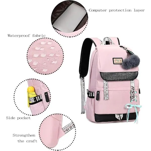 Rucsac scolar pentru fete, impermeabil, roz, 15.6 inch