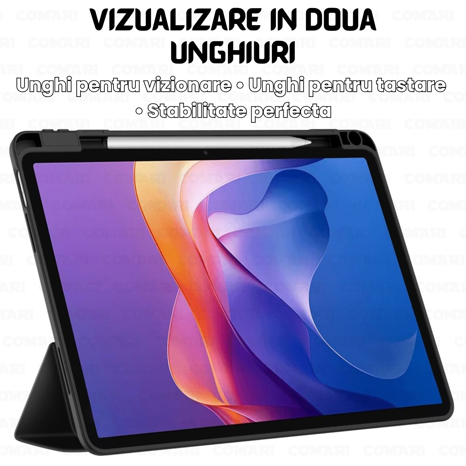 Husa pentru Samsung Galaxy Tab A11 / A9 Comari® EliteCover, protectie completa, functie stand trifold, suport stylus integrat, design elegant tip carte, Negru