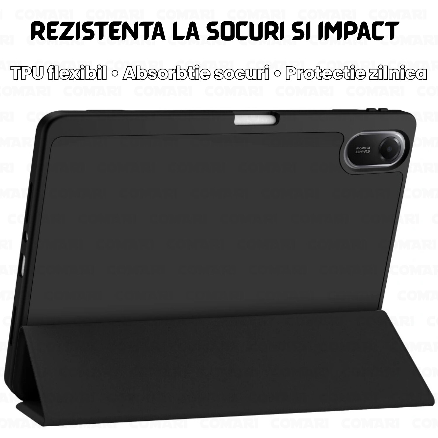 Husa pentru Samsung Galaxy Tab A11 / A9 Comari® EliteCover, protectie completa, functie stand trifold, suport stylus integrat, design elegant tip carte, Negru