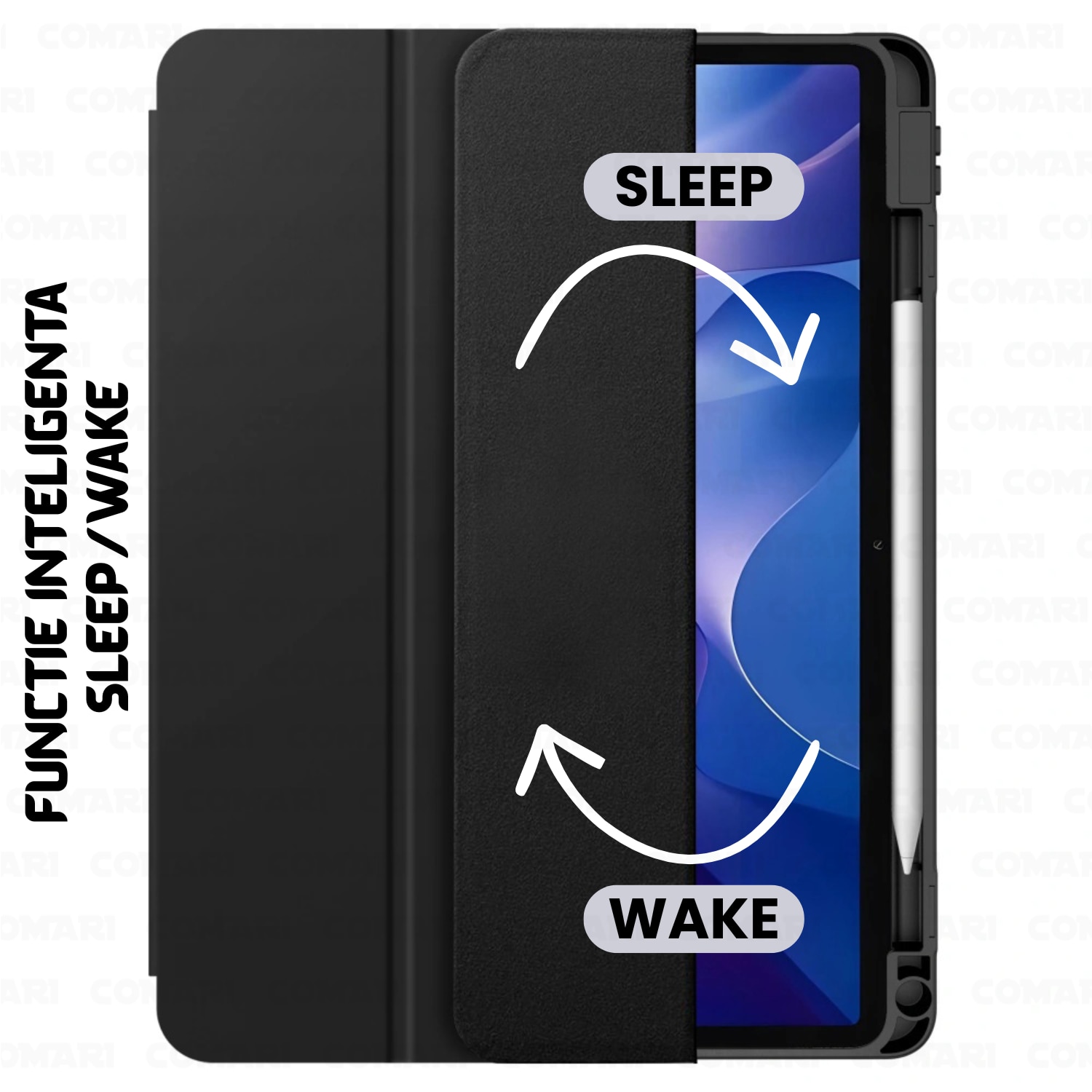 Husa pentru Samsung Galaxy Tab A11 / A9 Comari® EliteCover, protectie completa, functie stand trifold, suport stylus integrat, design elegant tip carte, Negru