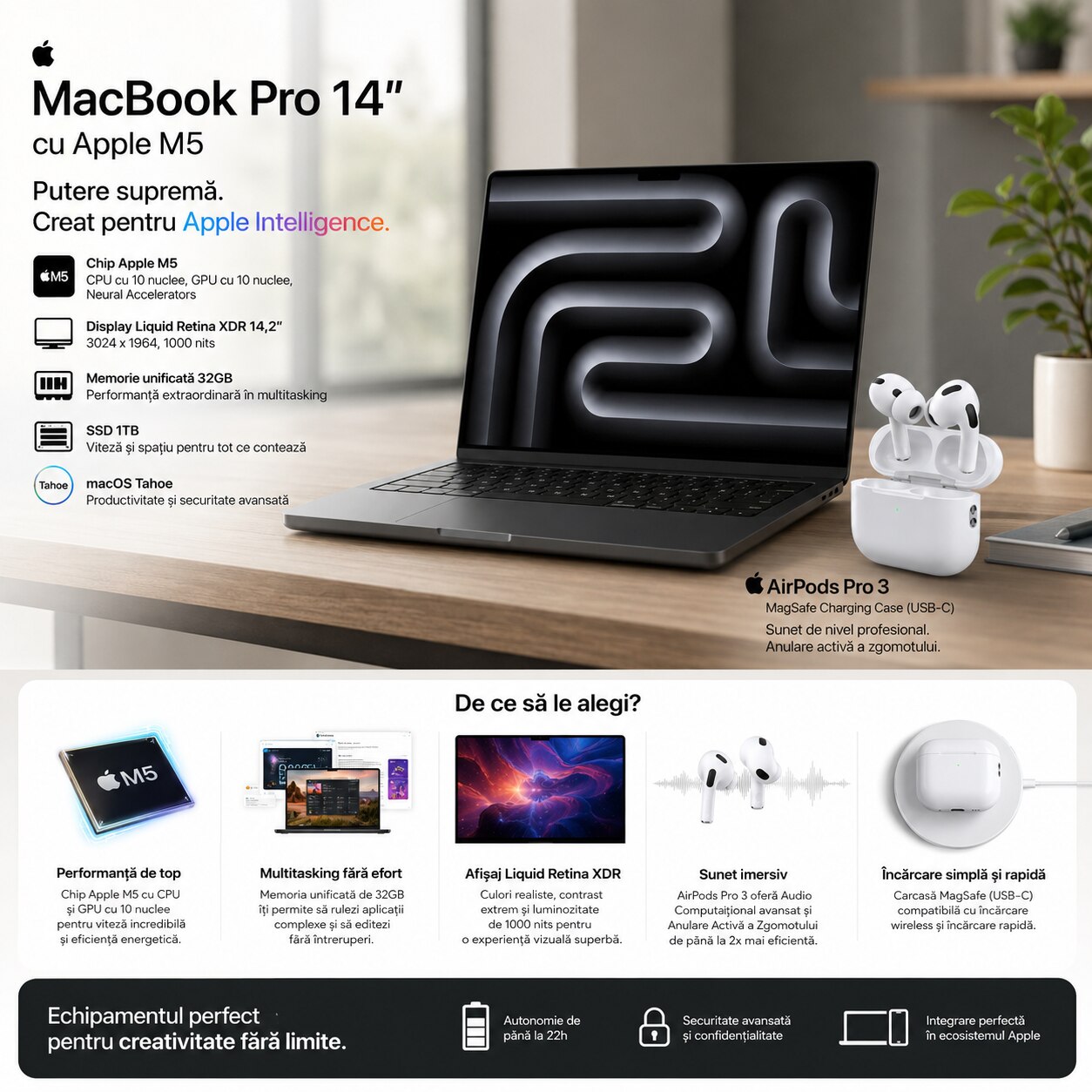 Pachet Apple MacBook Pro 14 M5 + AirPods Pro 3 – Performanta & Productivitate