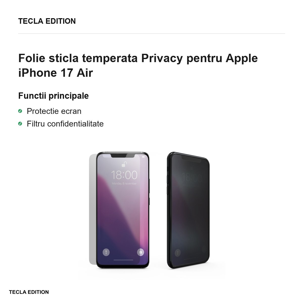 Folie sticla temperata Privacy pentru Apple iPhone 17 Air