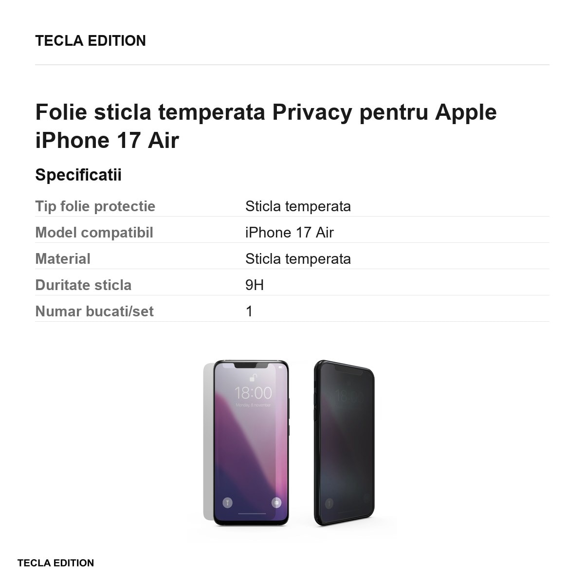 Folie sticla temperata Privacy pentru Apple iPhone 17 Air