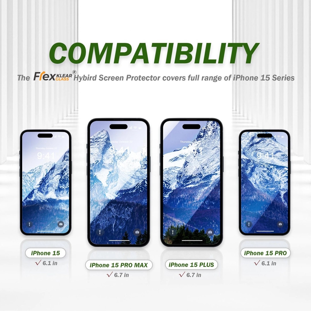 Folie de sticla securizata hibrida, Flexklearglass®, pentru iPhone 15 Pro / 15 / 15 PLUS / 15 Pro Max, 9H duritate, instalare automata, Ultra HD, anti-amprente, anti-zgarieturi, anti-soc