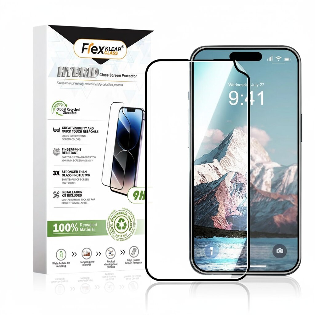 Folie de sticla securizata hibrida, Flexklearglass®, pentru iPhone 15 Pro / 15 / 15 PLUS / 15 Pro Max, 9H duritate, instalare automata, Ultra HD, anti-amprente, anti-zgarieturi, anti-soc