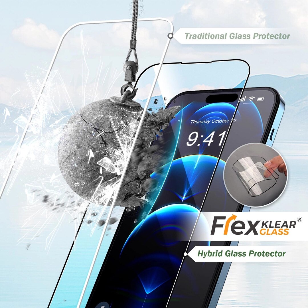 Folie de sticla securizata hibrida, Flexklearglass®, pentru iPhone 15 Pro / 15 / 15 PLUS / 15 Pro Max, 9H duritate, instalare automata, Ultra HD, anti-amprente, anti-zgarieturi, anti-soc