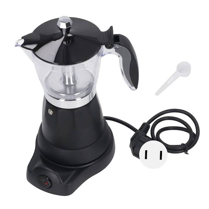 Espressor electric ZYBLSSBB LSM2xh10308-BCS0065406, ibric italian portabil 6 cesti (300 ml), capac transparent, baza neagra, 110V