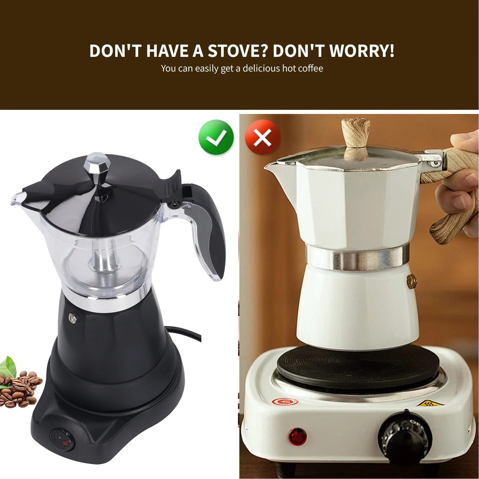 Espressor electric ZYBLSSBB LSM2xh10308-BCS0065406, ibric italian portabil 6 cesti (300 ml), capac transparent, baza neagra, 110V