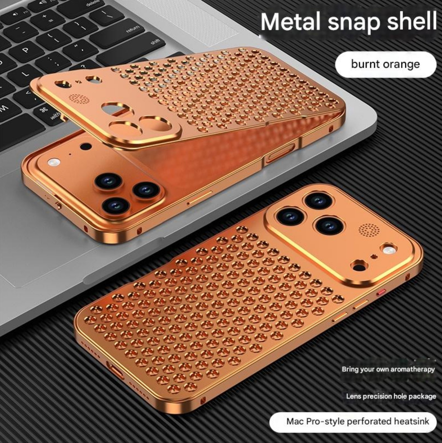 Husa din Aluminiu pentru iPhone 17 Pro Max, Gauri Disipare Termica 3D, Aroma Integrata, Albastru