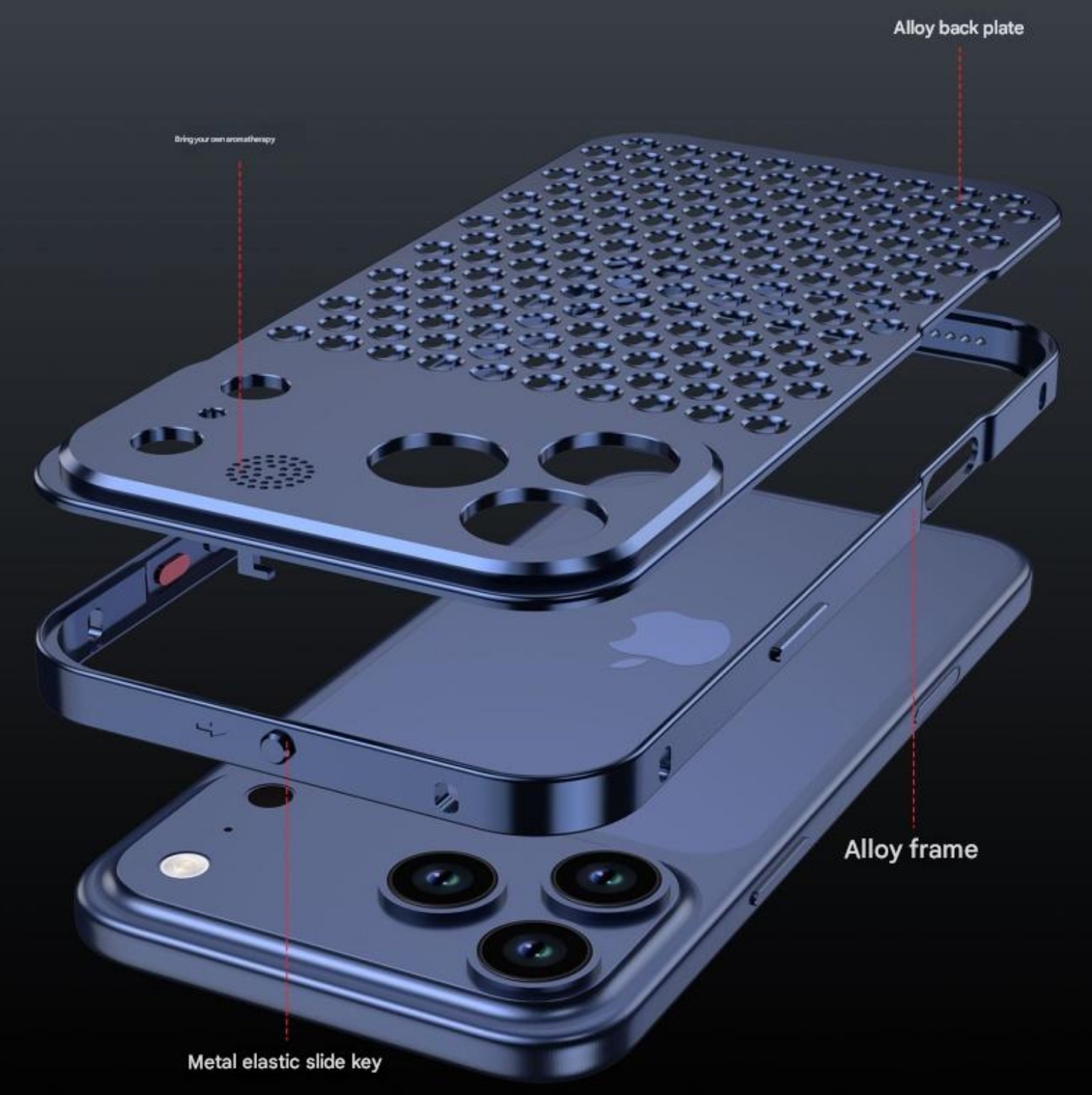 Husa din Aluminiu pentru iPhone 17 Pro Max, Gauri Disipare Termica 3D, Aroma Integrata, Albastru