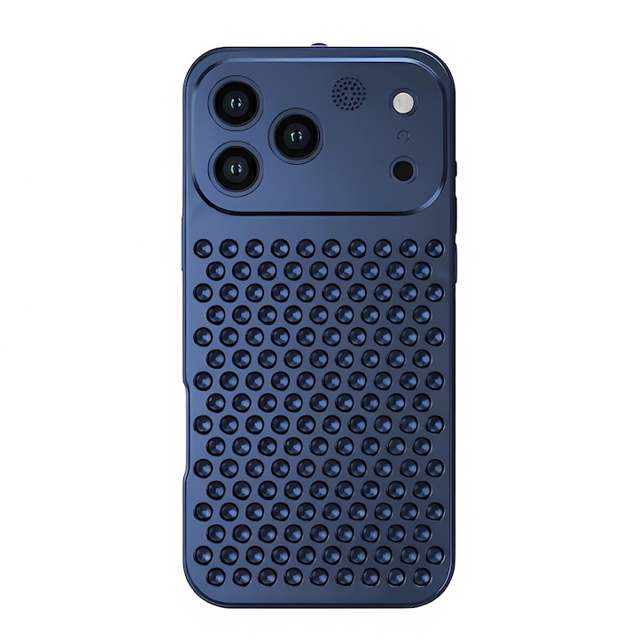 Husa din Aluminiu pentru iPhone 17 Pro Max, Gauri Disipare Termica 3D, Aroma Integrata, Albastru