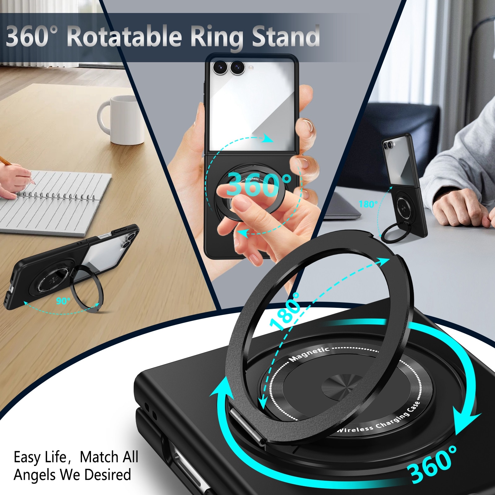 Husa cu Inel Rotativ pentru Samsung Galaxy Z Flip8, MagSafe, Incarcare Wireless, Negru