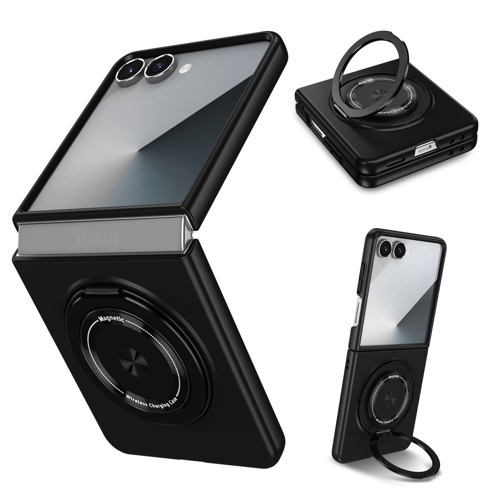 Husa cu Inel Rotativ pentru Samsung Galaxy Z Flip8, MagSafe, Incarcare Wireless, Negru
