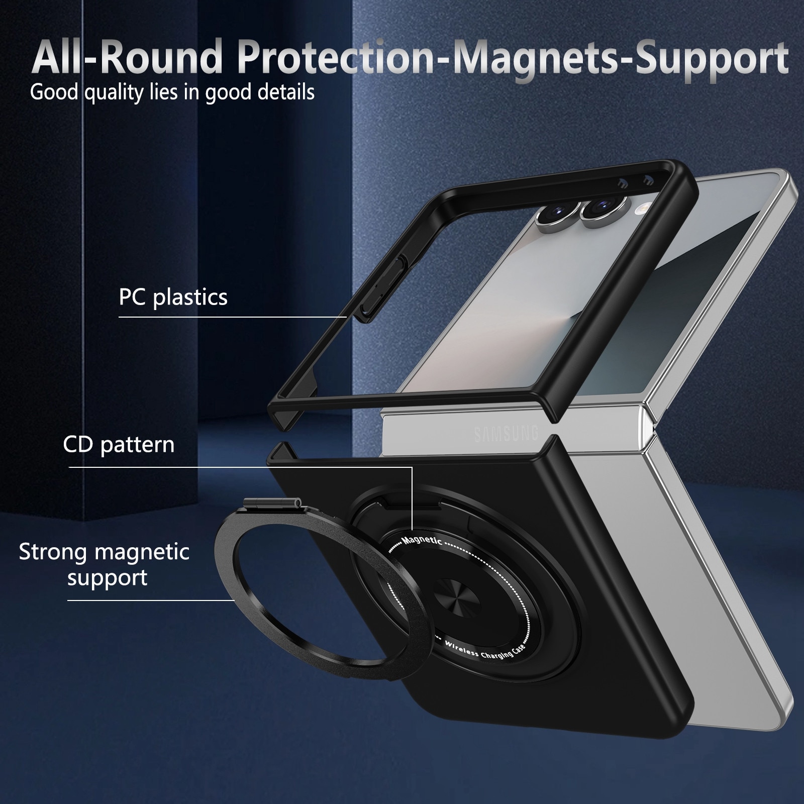 Husa cu Inel Rotativ pentru Samsung Galaxy Z Flip8, MagSafe, Incarcare Wireless, Negru