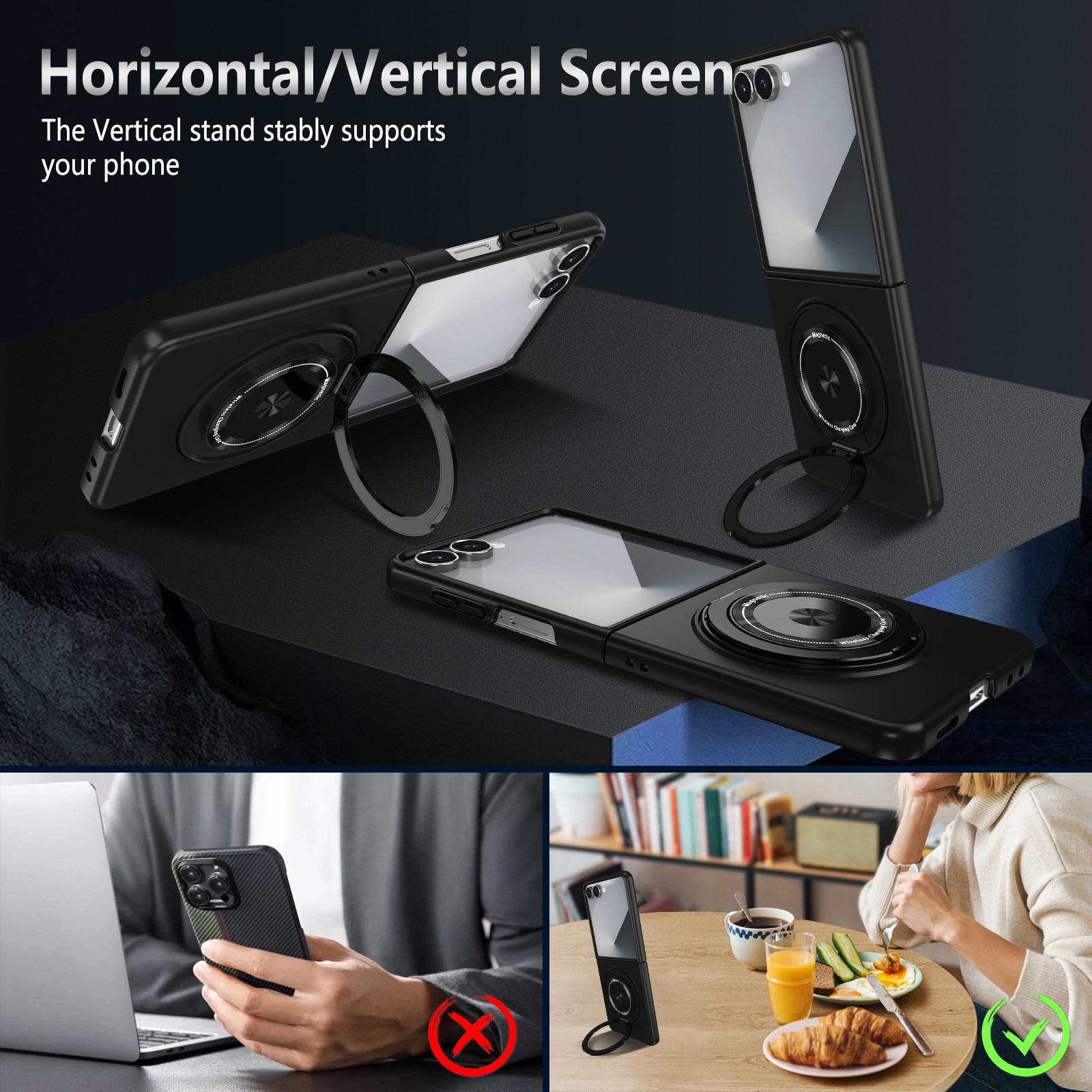 Husa cu Inel Rotativ pentru Samsung Galaxy Z Flip8, MagSafe, Incarcare Wireless, Negru