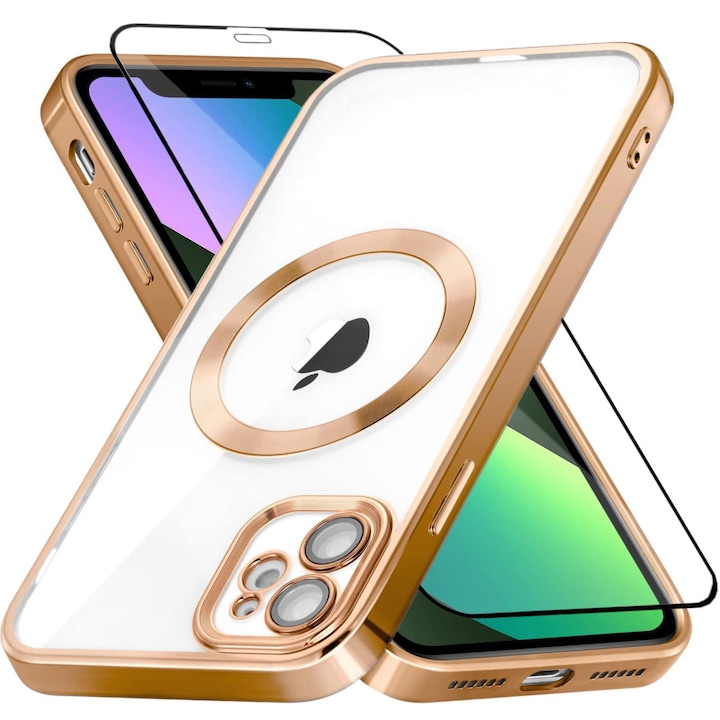 Set Folie plus Husa Magsafe Luxury compatibil Iphone 11 cu protectie camera, Antisoc, Transparent cu margini Auriu