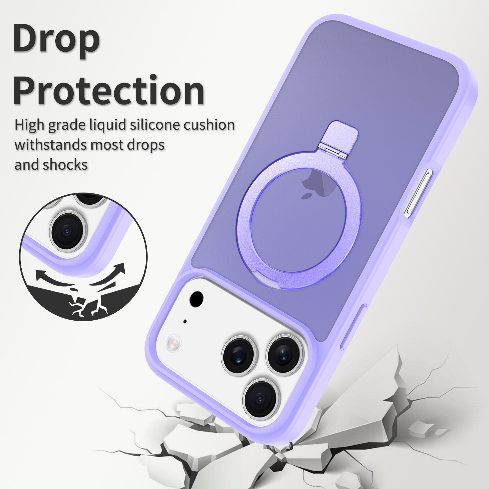 Husa de protectie pentru iPhone 17 Pro Max, Omelivon, MagSafe, Suport pentru inel, Margini ridicate pentru protectia ecranului, Anti-Soc, TPU Moale + PC Dur, Spate Semitransparent, Violet deschis