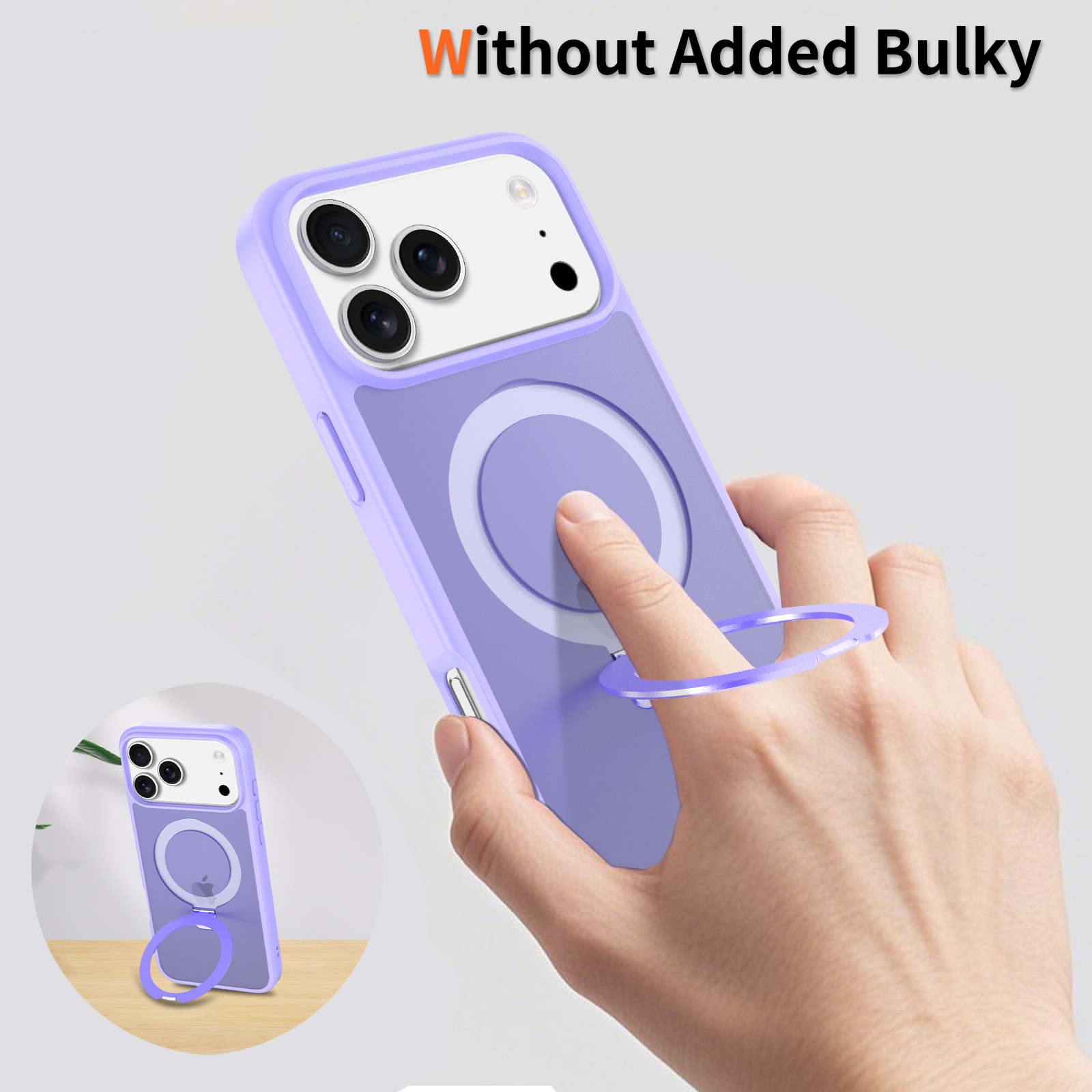 Husa de protectie pentru iPhone 17 Pro Max, Omelivon, MagSafe, Suport pentru inel, Margini ridicate pentru protectia ecranului, Anti-Soc, TPU Moale + PC Dur, Spate Semitransparent, Violet deschis