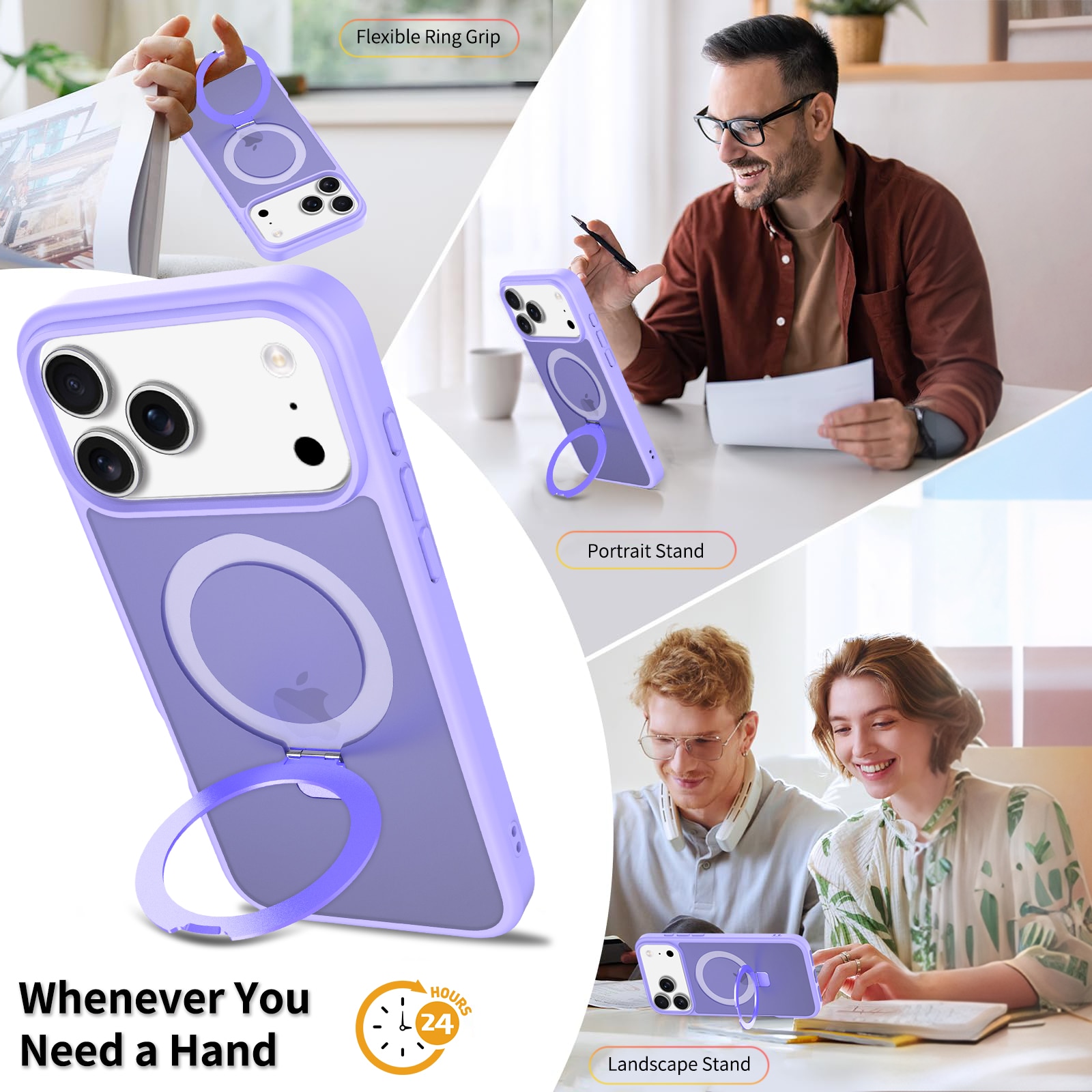 Husa de protectie pentru iPhone 17 Pro Max, Omelivon, MagSafe, Suport pentru inel, Margini ridicate pentru protectia ecranului, Anti-Soc, TPU Moale + PC Dur, Spate Semitransparent, Violet deschis
