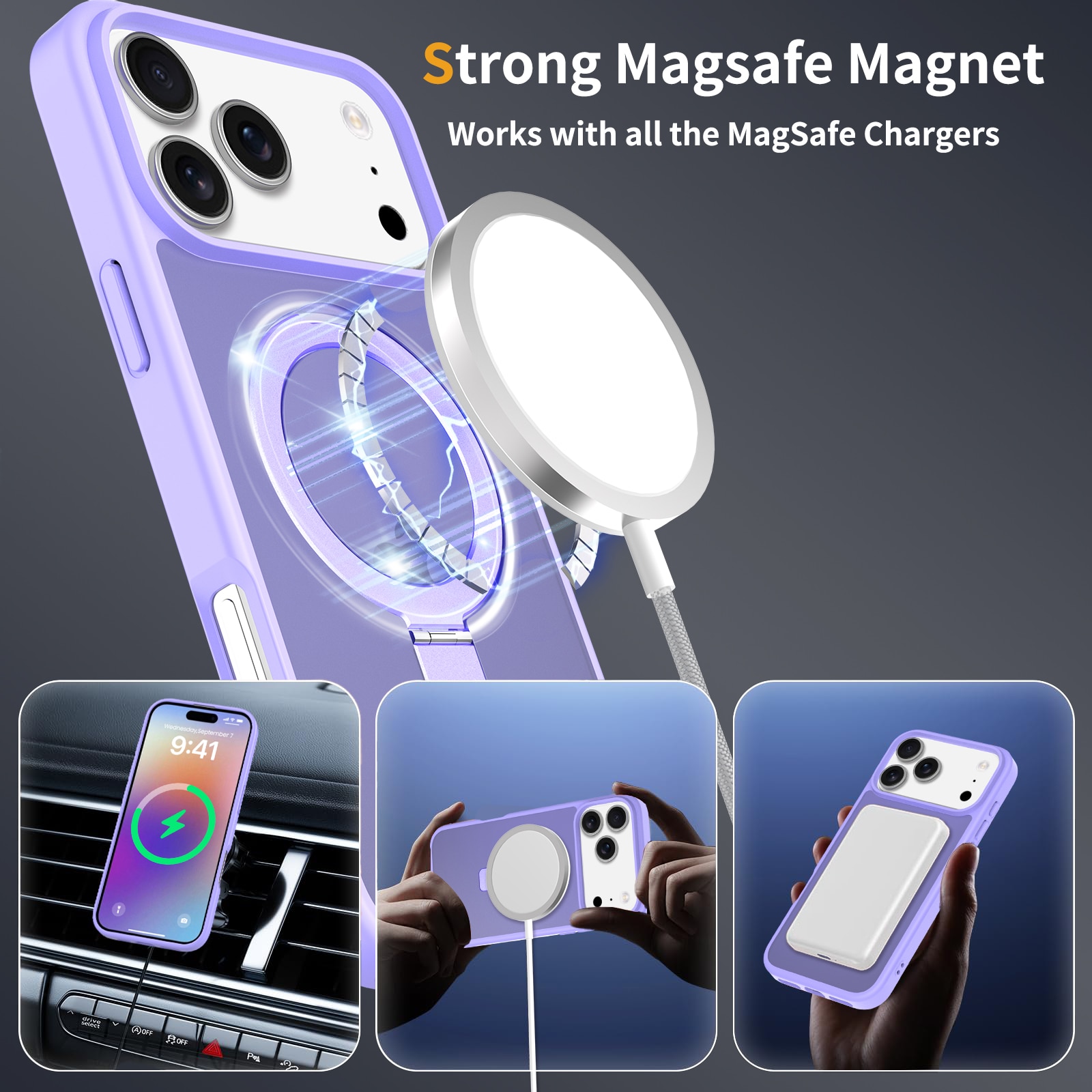 Husa de protectie pentru iPhone 17 Pro Max, Omelivon, MagSafe, Suport pentru inel, Margini ridicate pentru protectia ecranului, Anti-Soc, TPU Moale + PC Dur, Spate Semitransparent, Violet deschis