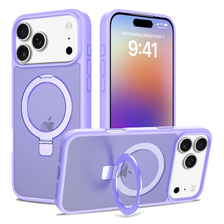 Husa de protectie pentru iPhone 17 Pro Max, Omelivon, MagSafe, Suport pentru inel, Margini ridicate pentru protectia ecranului, Anti-Soc, TPU Moale + PC Dur, Spate Semitransparent, Violet deschis