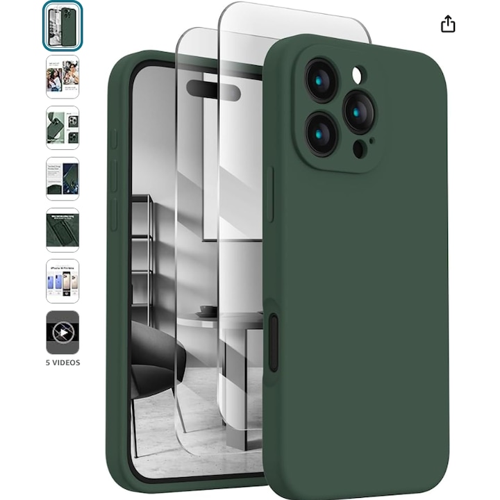 Husa pentru iphone 16 Pro, MingZhi®, Husa din silicon lichid, Husa pentru tot corpul, Pachet complet pentru lentile, Rezistent la socuri, Husa de telefon ultra subtire, Captuseala din microfibra moale rezistenta la zgarieturi, Verde