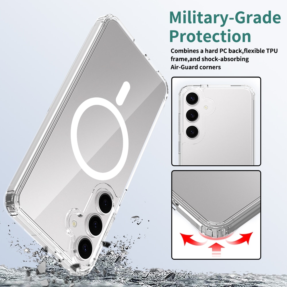Husa transparenta pentru Samsung Galaxy S25 Plus, Omelivon, MagSafe, Incarcare Wireless, Antisoc, Margini Ridicate pentru Protectia Ecranului si a Camerelor, Materiale Premium, Transparent
