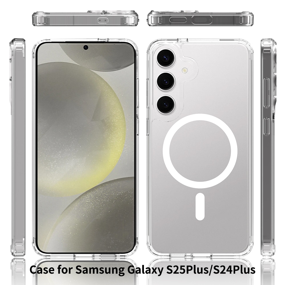 Husa transparenta pentru Samsung Galaxy S25 Plus, Omelivon, MagSafe, Incarcare Wireless, Antisoc, Margini Ridicate pentru Protectia Ecranului si a Camerelor, Materiale Premium, Transparent