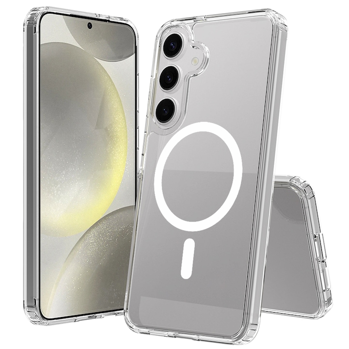 Husa transparenta pentru Samsung Galaxy S25 Plus, Omelivon, MagSafe, Incarcare Wireless, Antisoc, Margini Ridicate pentru Protectia Ecranului si a Camerelor, Materiale Premium, Transparent