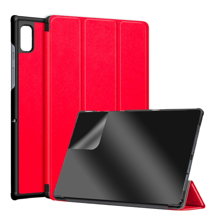 Set Husa Tableta din piele PU si Folie Silicon Transparent Lenovo Tab M8 HD (8705F/X / TB-8505X) / Tab M8 3rd Gen, Protectie Completa 360, Hydrogel Regenerabil, Full Glue, Interior Catifea, Stand, Display Protejat, Colturi Anti-Soc, Rosu