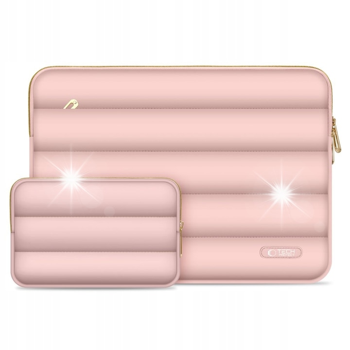 Etui laptop Tech-Protect Puffy set, 13-14 inch, roz prafuit, dimensiuni 36x25,3x2cm, include etui mini