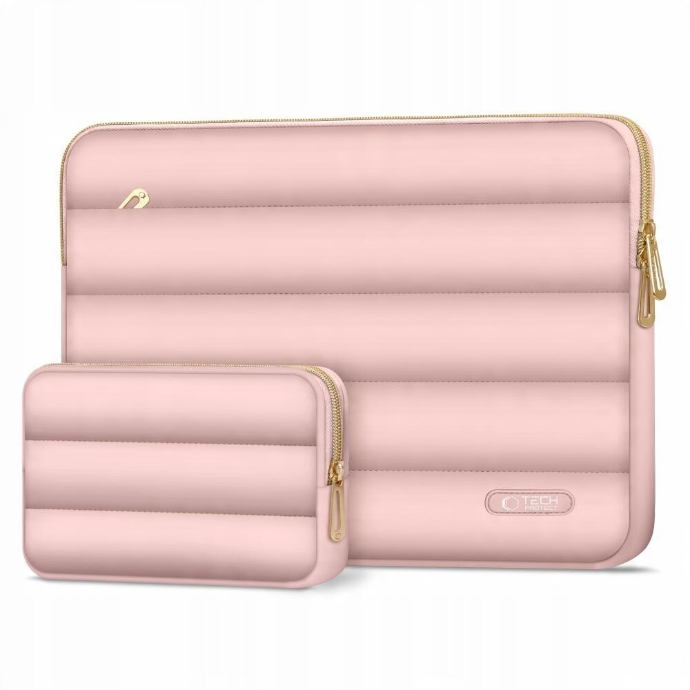 Etui laptop Tech-Protect Puffy set, 13-14 inch, roz prafuit, dimensiuni 36x25,3x2cm, include etui mini
