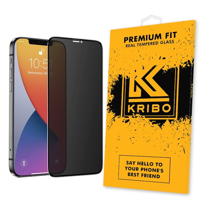Folie Sticla Kribo, Privacy Premium Fit, pentru Apple iPhone 12 / 12 Pro, HD, 9H, Protectie Ecran Premium, Full Cover, Full Glue