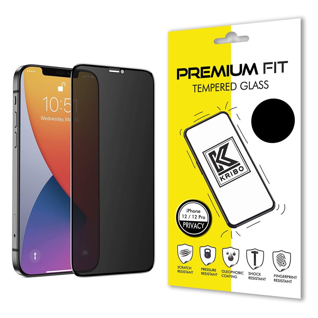 Folie Sticla Kribo, Privacy Premium Fit, pentru Apple iPhone 12 / 12 Pro, HD, 9H, Protectie Ecran Premium, Full Cover, Full Glue