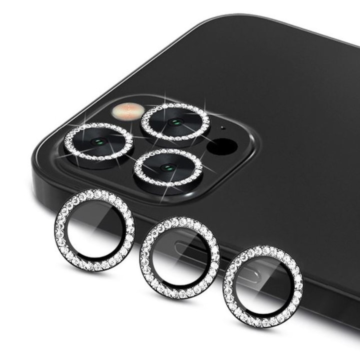 Folie camera cu Strasuri, Individuala, Compatibila iPhone 16 Pro Max, Sticla, Negru