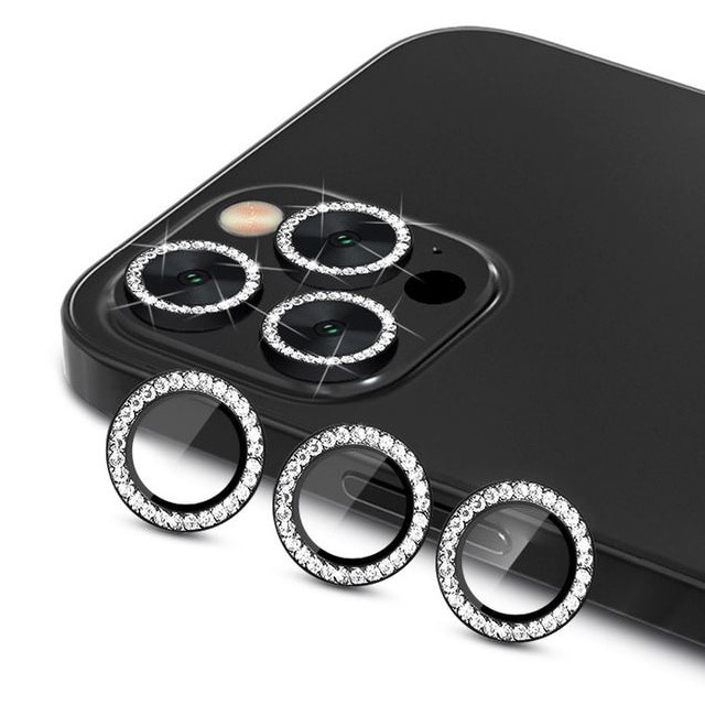 Folie camera cu Strasuri, Individuala, Compatibila iPhone 16 Pro Max, Sticla, Negru