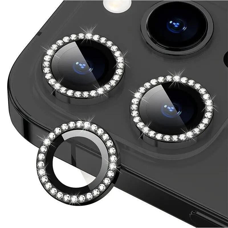Folie camera cu Strasuri, Individuala, Compatibila iPhone 16 Pro Max, Sticla, Negru