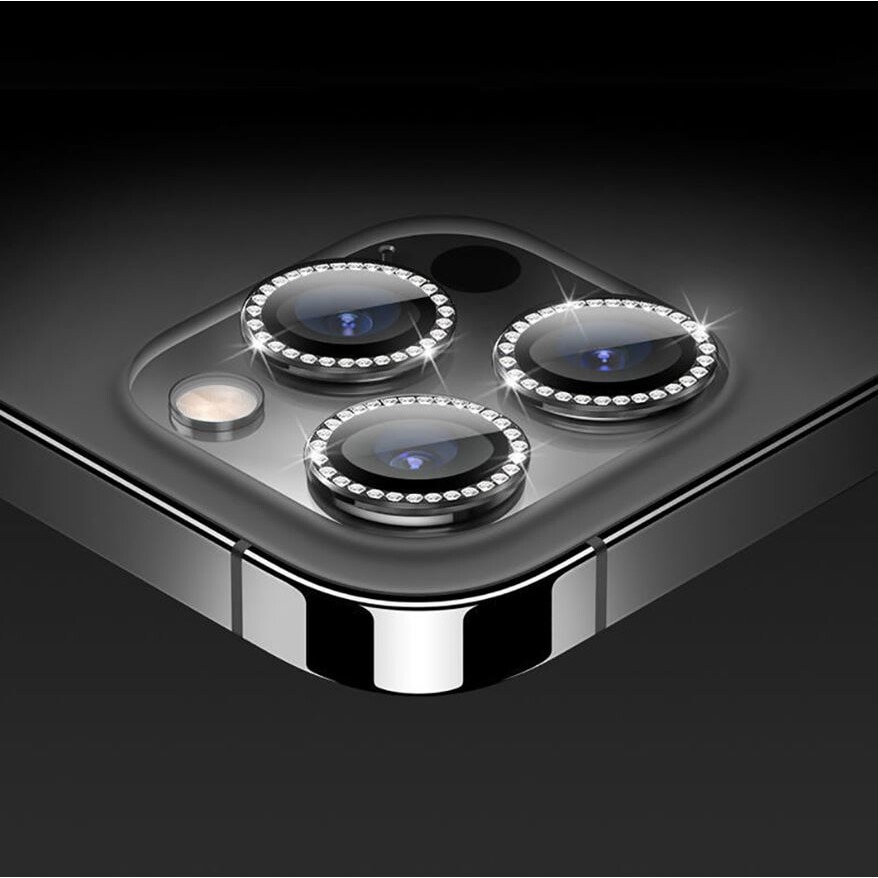 Folie camera cu Strasuri, Individuala, Compatibila iPhone 16 Pro Max, Sticla, Negru